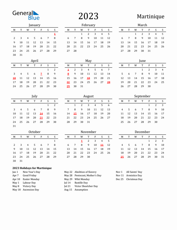 Martinique Holidays Calendar for 2023