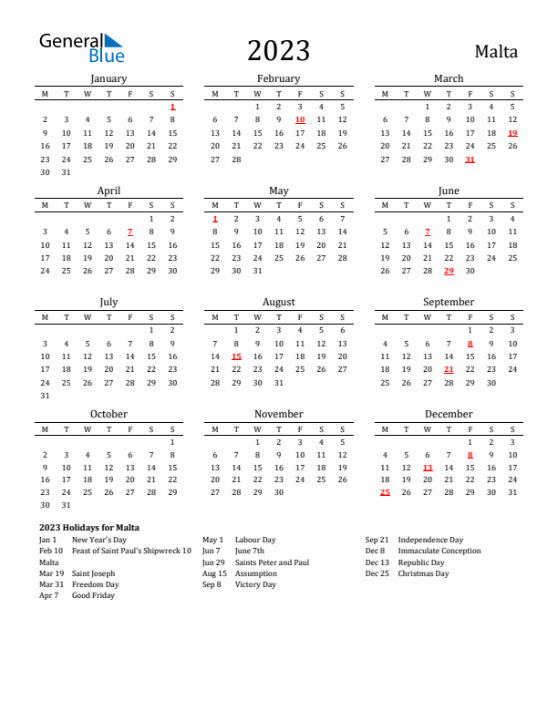 Malta Holidays Calendar for 2023