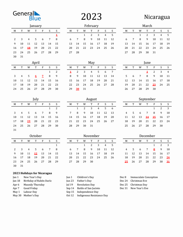 Nicaragua Holidays Calendar for 2023