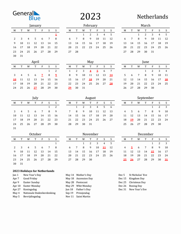 The Netherlands Holidays Calendar for 2023