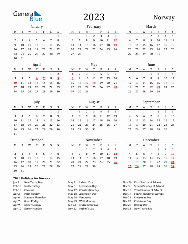 Norway Holidays Calendar for 2023
