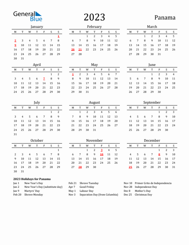 Panama Holidays Calendar for 2023