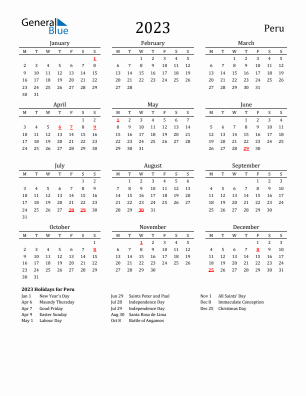 Peru Holidays Calendar for 2023