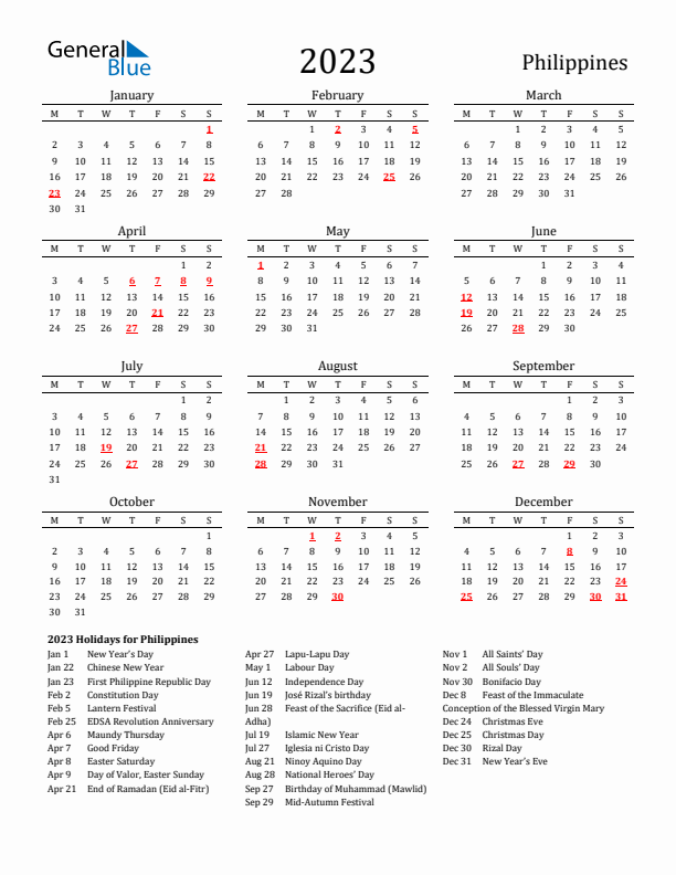 Philippines Holidays Calendar for 2023