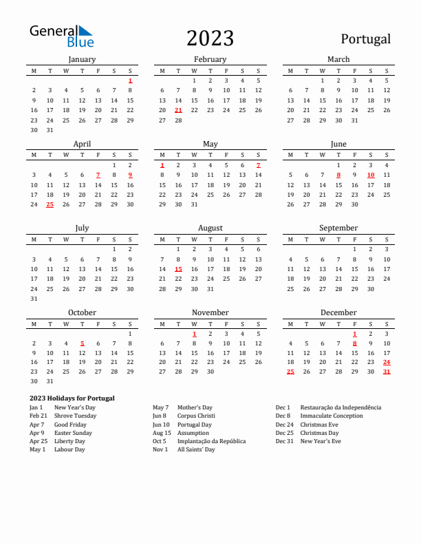 Portugal Holidays Calendar for 2023