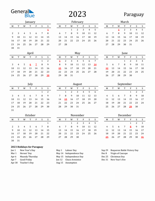 Paraguay Holidays Calendar for 2023