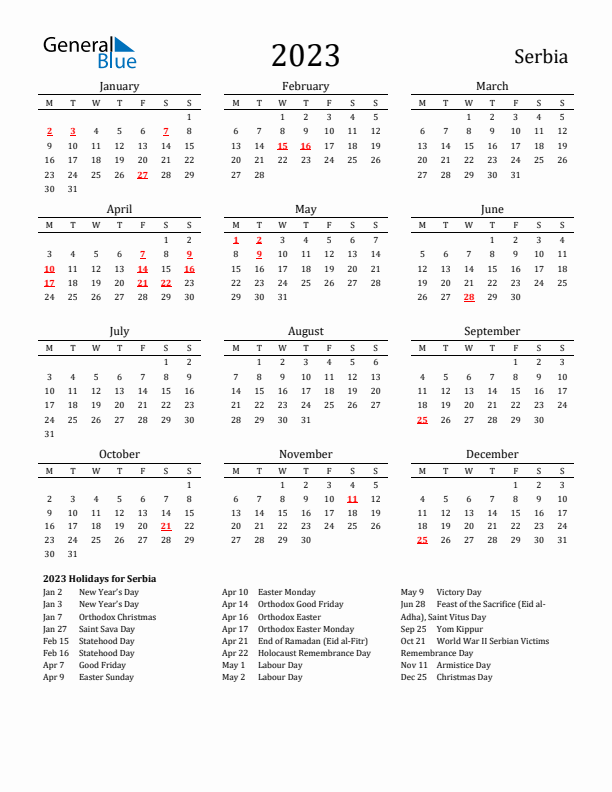 Serbia Holidays Calendar for 2023