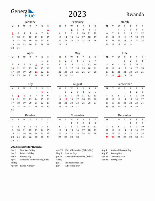 Rwanda Holidays Calendar for 2023