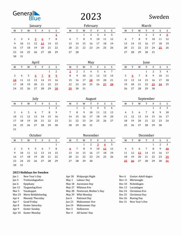 Sweden Holidays Calendar for 2023