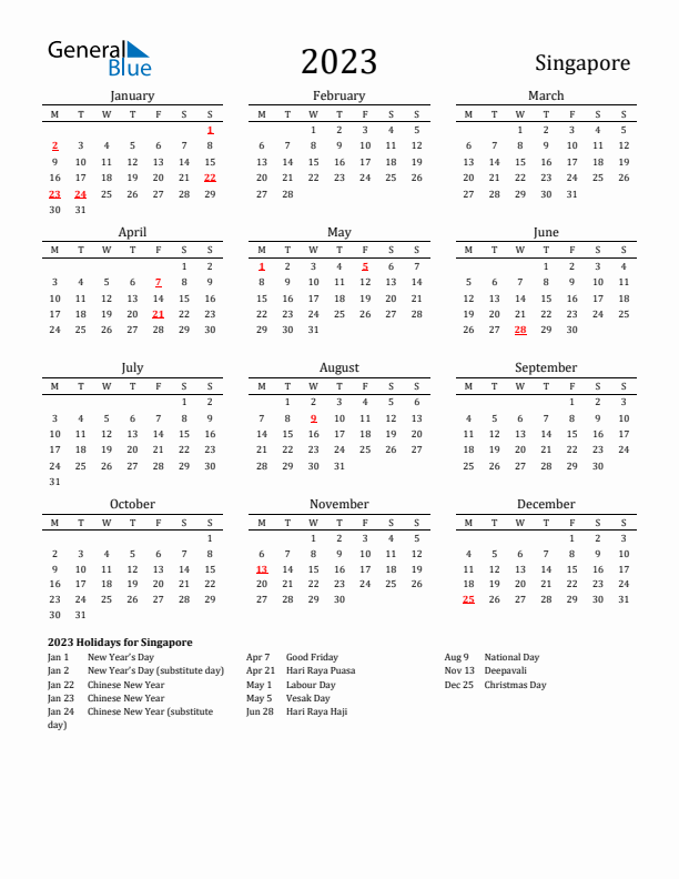 Singapore Holidays Calendar for 2023