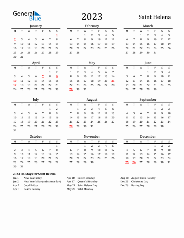 Saint Helena Holidays Calendar for 2023