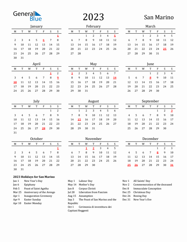 San Marino Holidays Calendar for 2023
