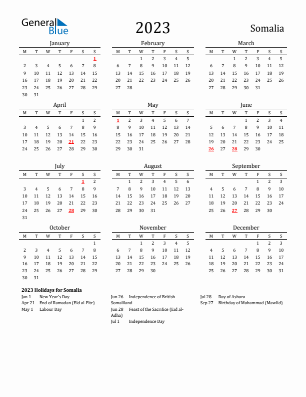 Somalia Holidays Calendar for 2023