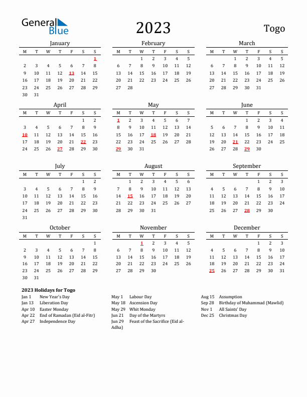 Togo Holidays Calendar for 2023