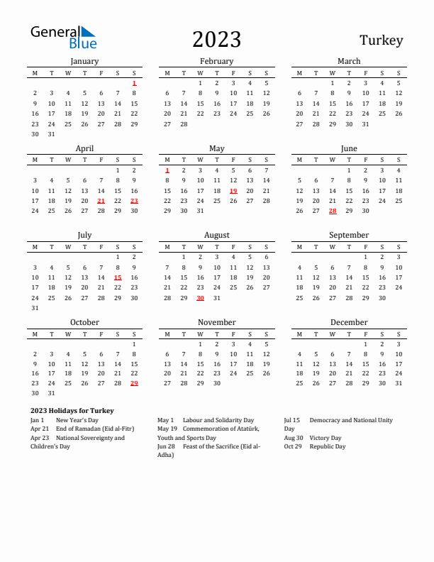 Turkey Holidays Calendar for 2023