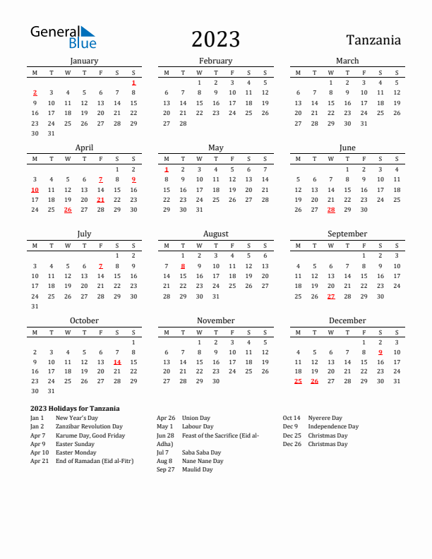 Tanzania Holidays Calendar for 2023