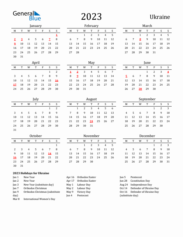 Ukraine Holidays Calendar for 2023
