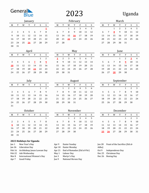 Uganda Holidays Calendar for 2023