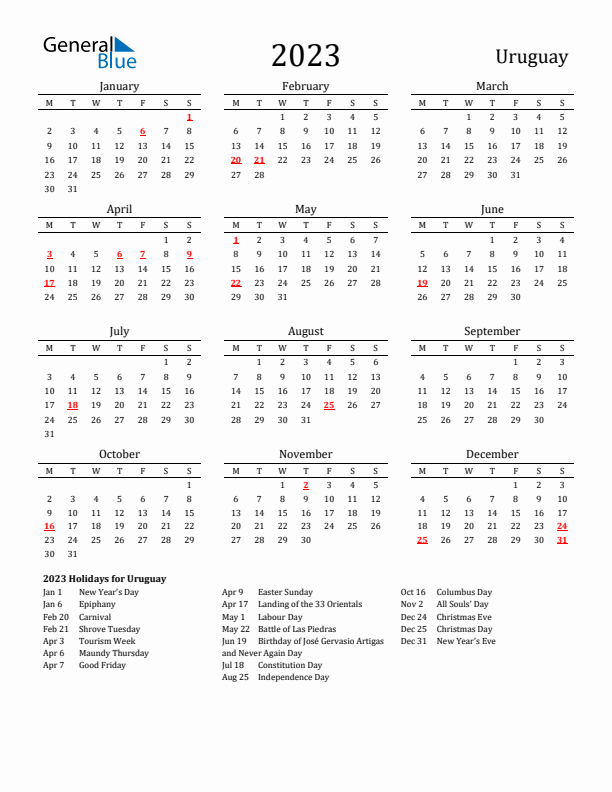 Uruguay Holidays Calendar for 2023