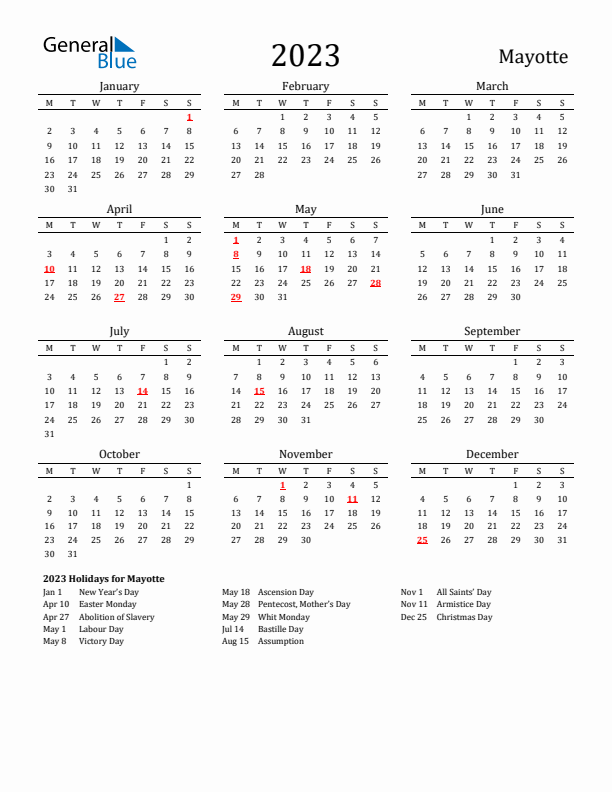 Mayotte Holidays Calendar for 2023