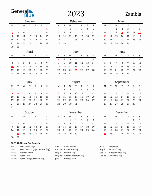 Zambia Holidays Calendar for 2023