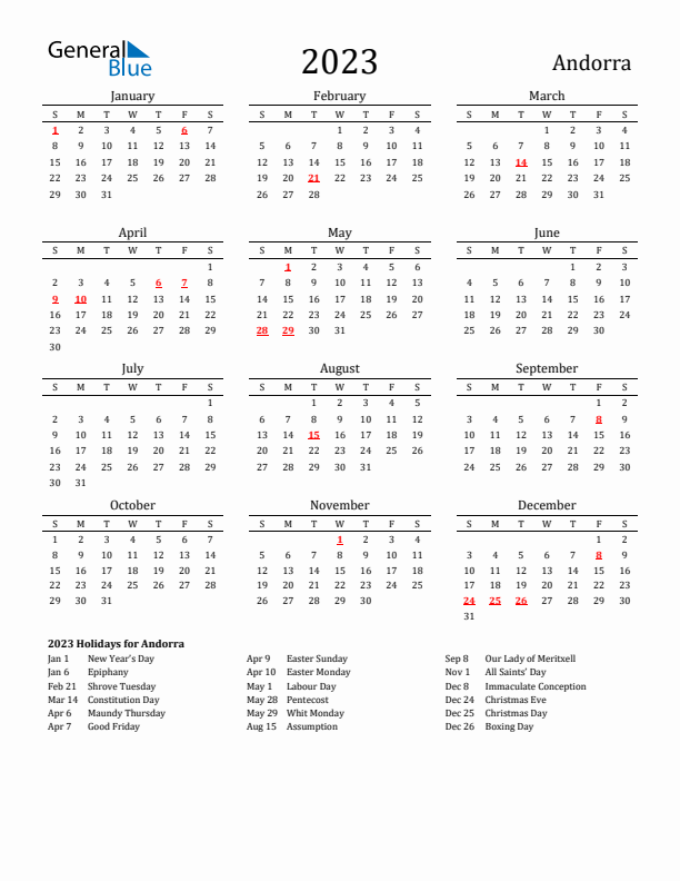 Andorra Holidays Calendar for 2023