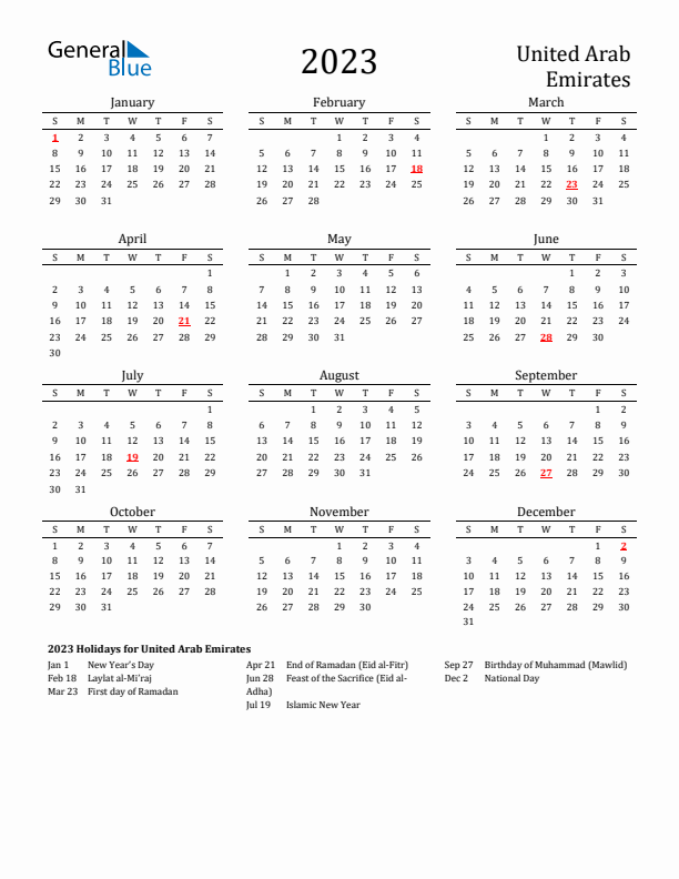 United Arab Emirates Holidays Calendar for 2023