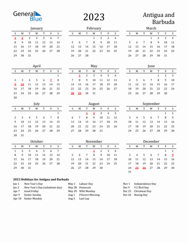 Antigua and Barbuda Holidays Calendar for 2023