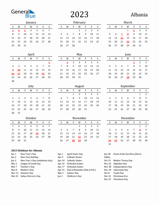 Albania Holidays Calendar for 2023