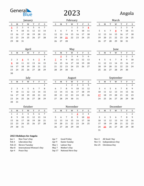 Angola Holidays Calendar for 2023
