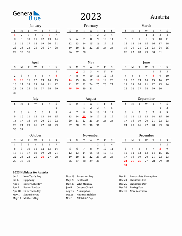 Austria Holidays Calendar for 2023