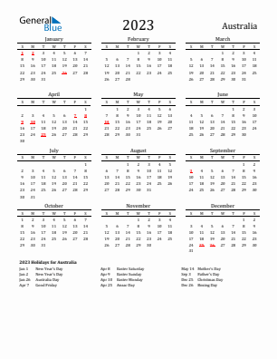 Australia Calendars with Holidays