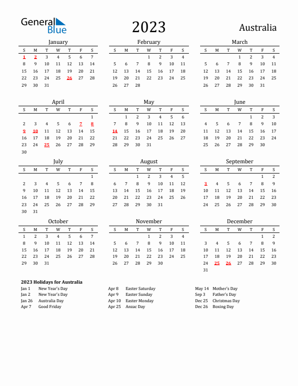 Australia Holidays Calendar for 2023