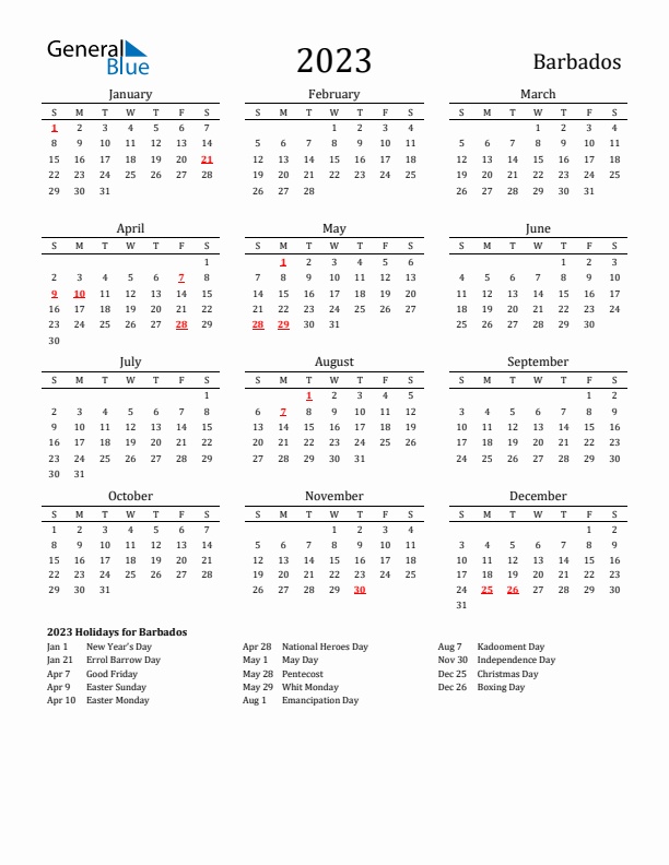 Barbados Holidays Calendar for 2023