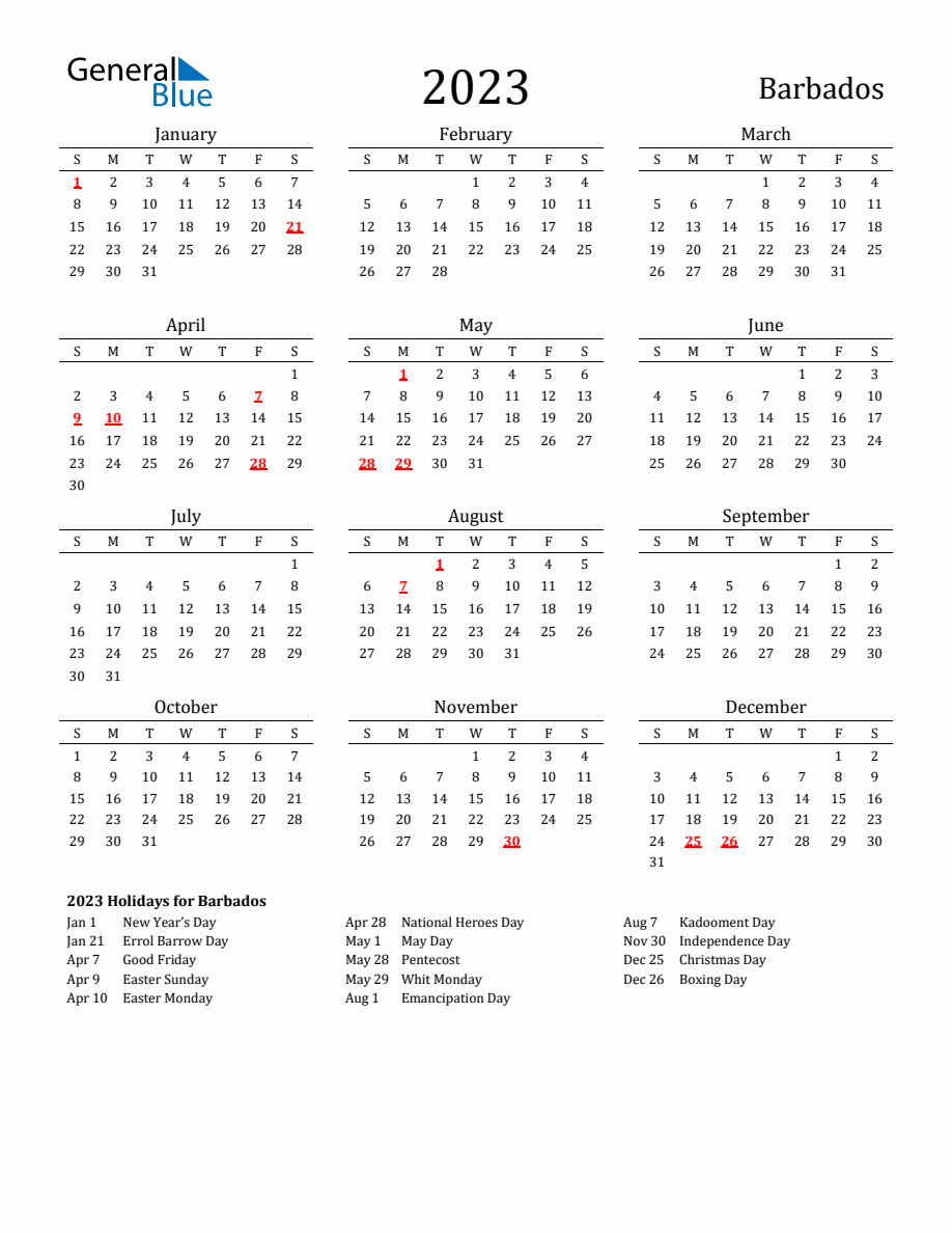 Free Barbados Holidays Calendar for Year 2023