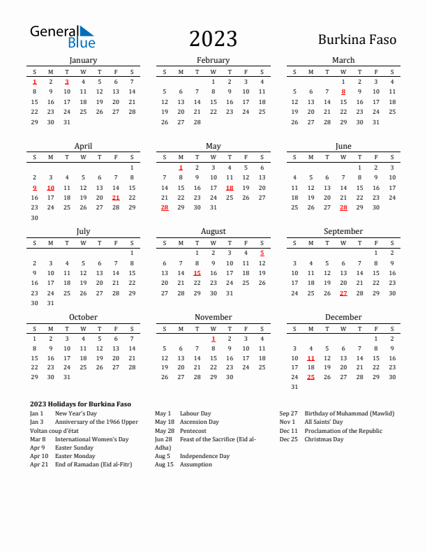 Burkina Faso Holidays Calendar for 2023