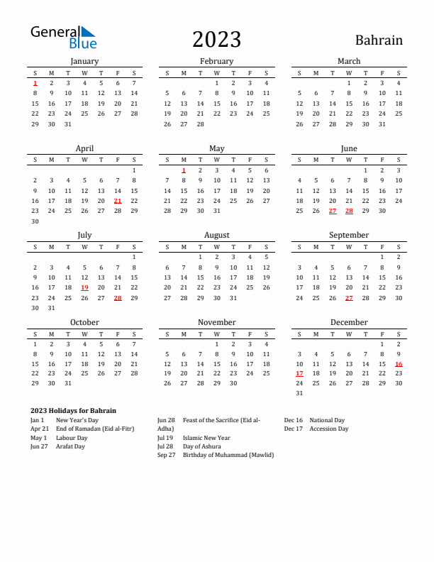 Bahrain Holidays Calendar for 2023