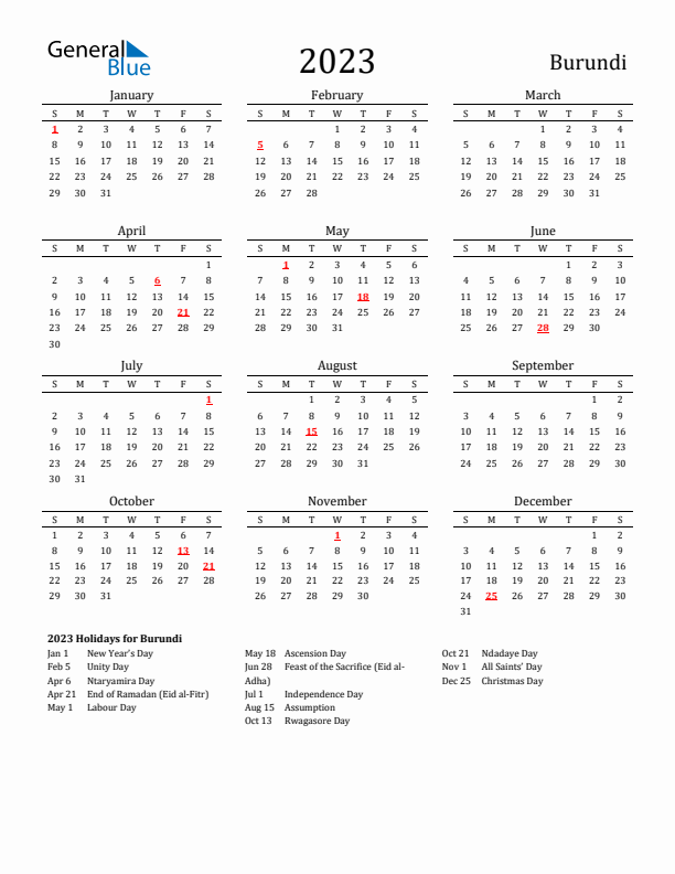 Burundi Holidays Calendar for 2023