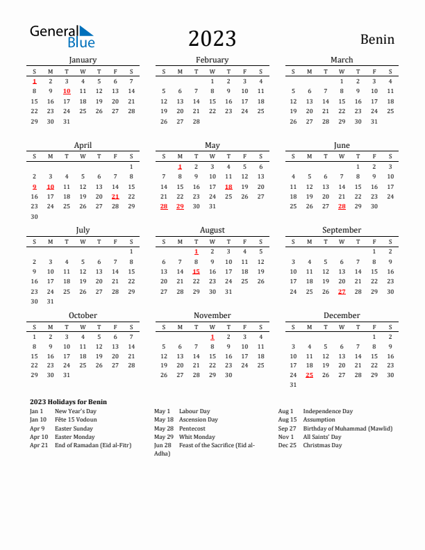 Benin Holidays Calendar for 2023