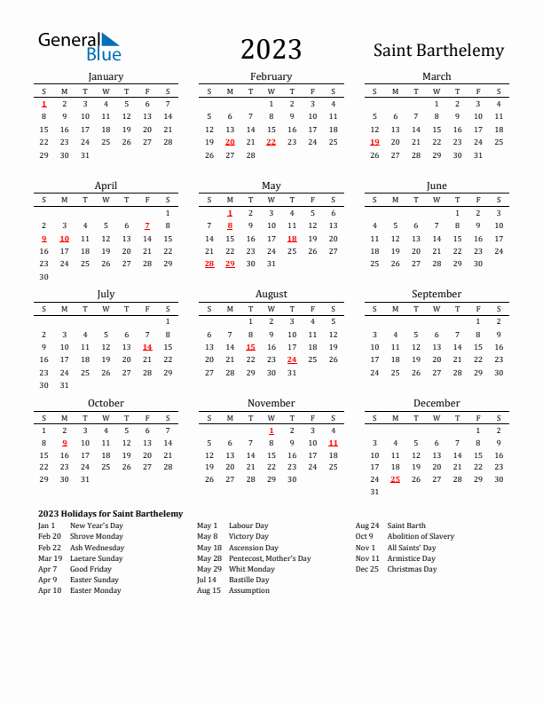 Saint Barthelemy Holidays Calendar for 2023