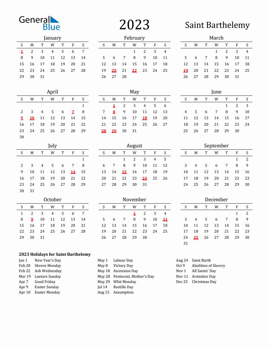 Free Saint Barthelemy Holidays Calendar For Year 2023
