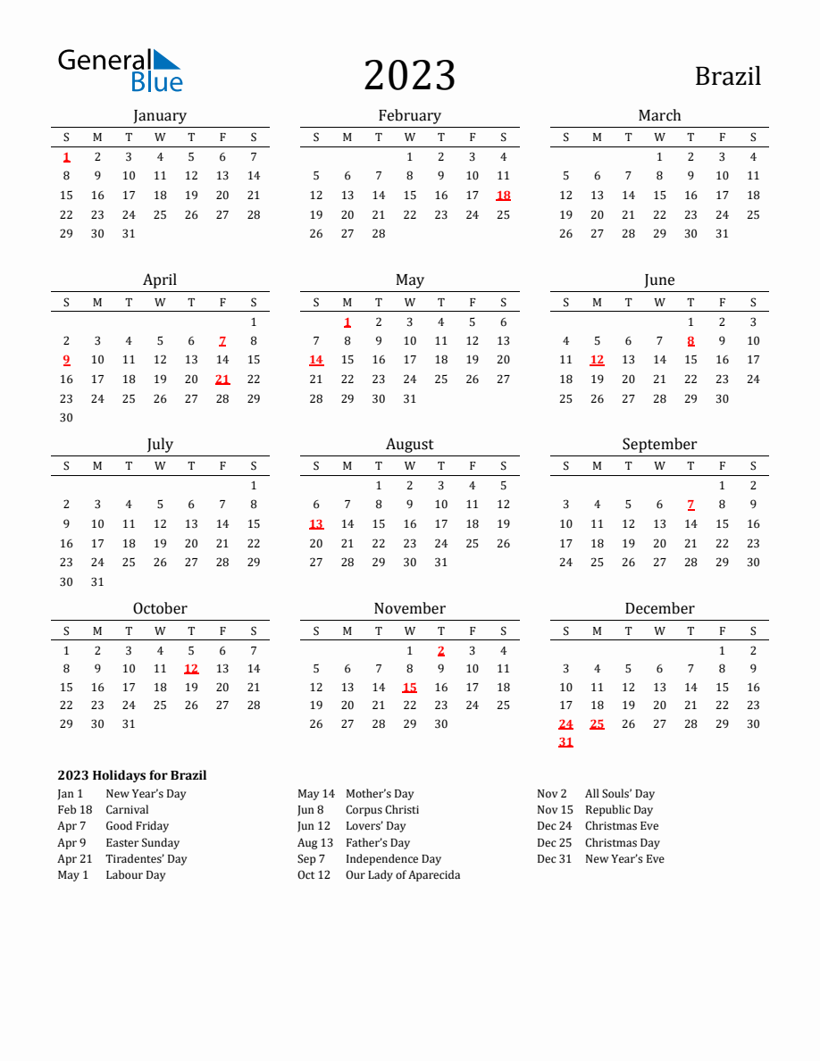 Free Brazil Holidays Calendar for Year 2023