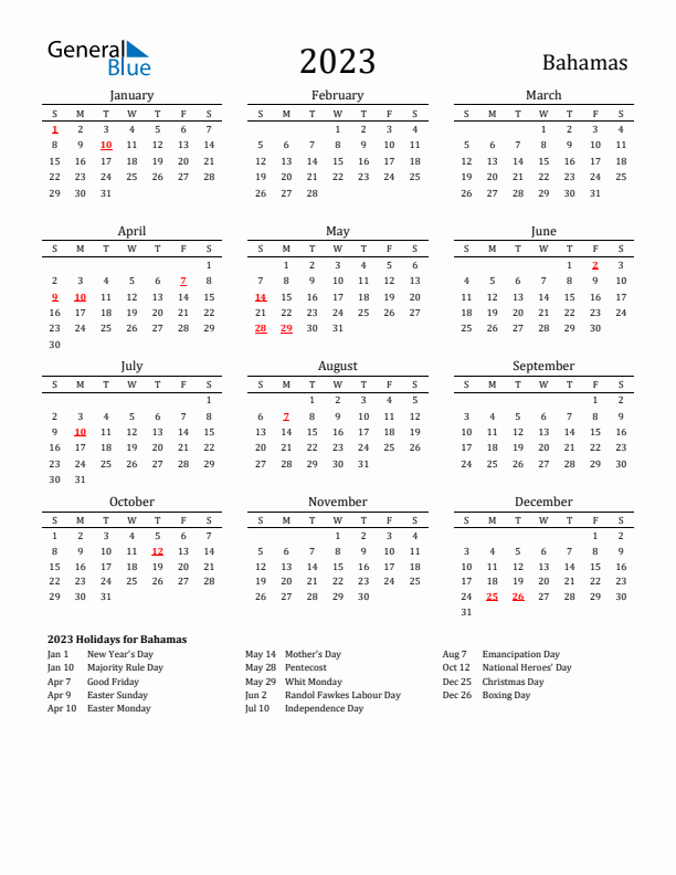 Bahamas Holidays Calendar for 2023