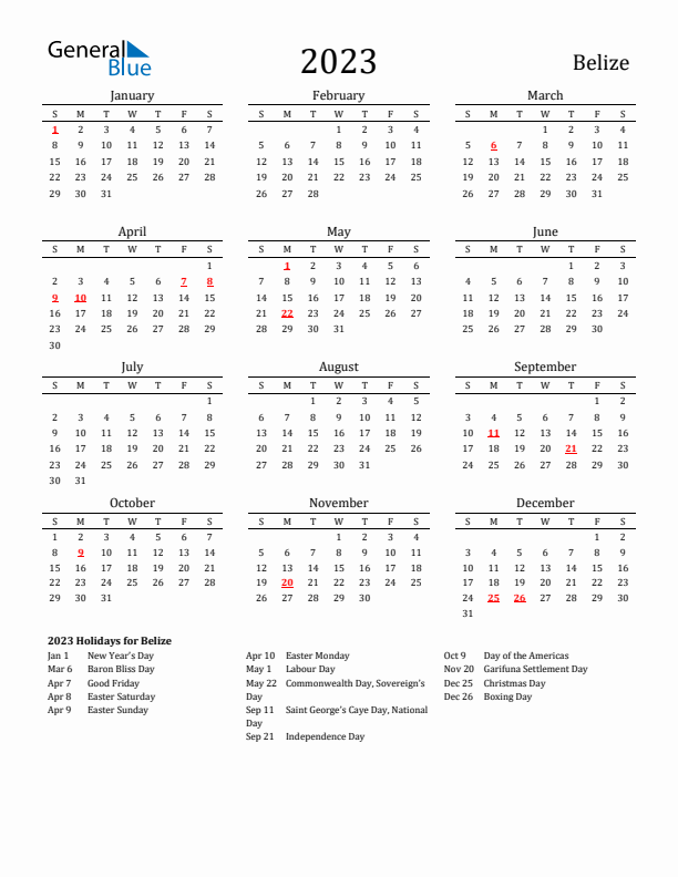 Belize Holidays Calendar for 2023