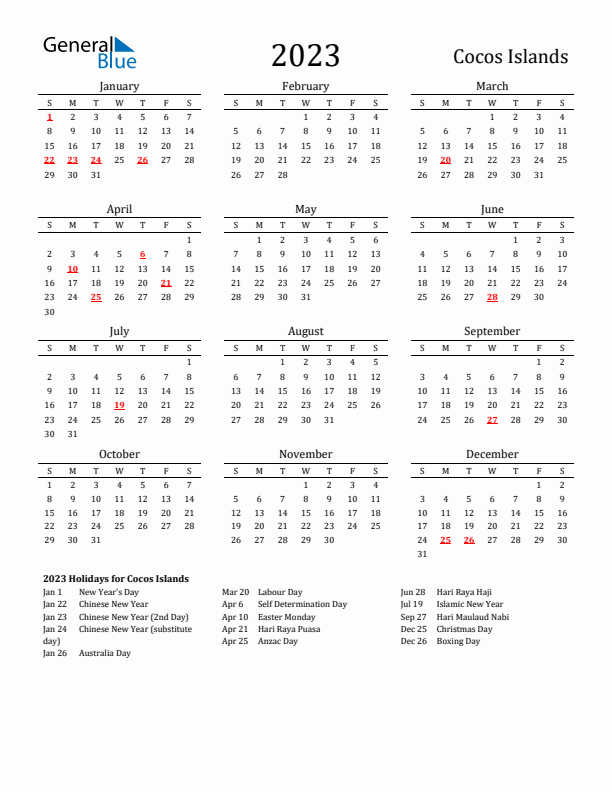 Cocos Islands Holidays Calendar for 2023