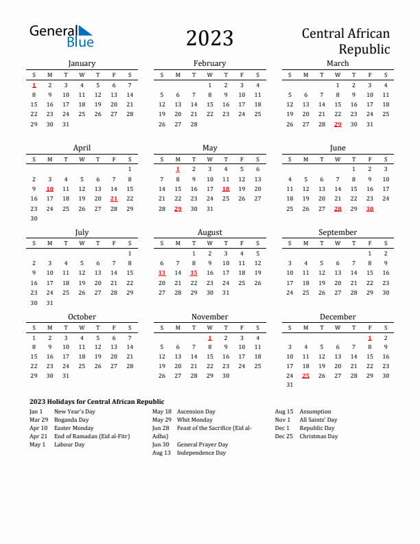 Central African Republic Holidays Calendar for 2023