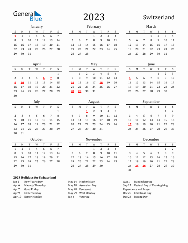 Switzerland Holidays Calendar for 2023