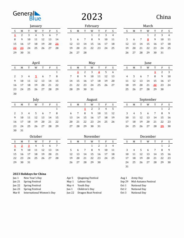 China Holidays Calendar for 2023