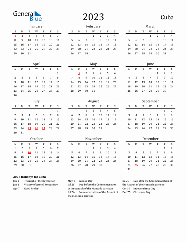 Cuba Holidays Calendar for 2023