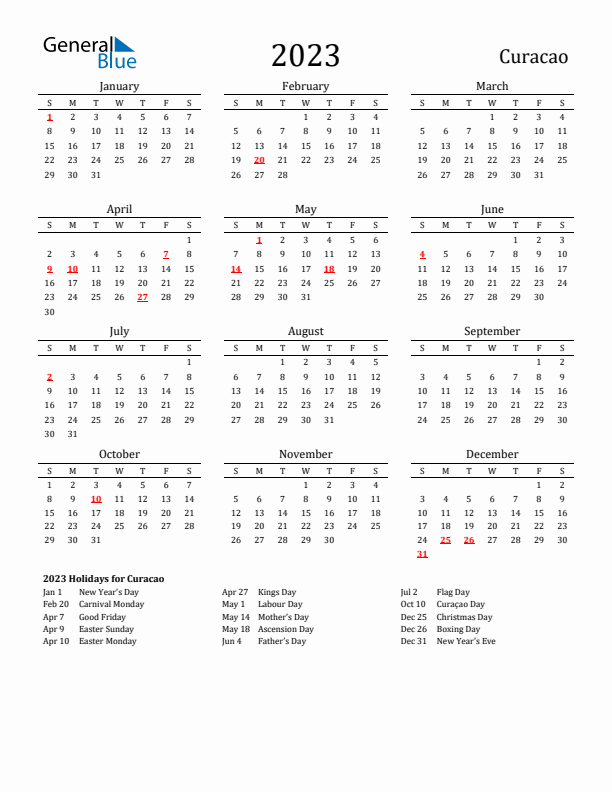 Curacao Holidays Calendar for 2023